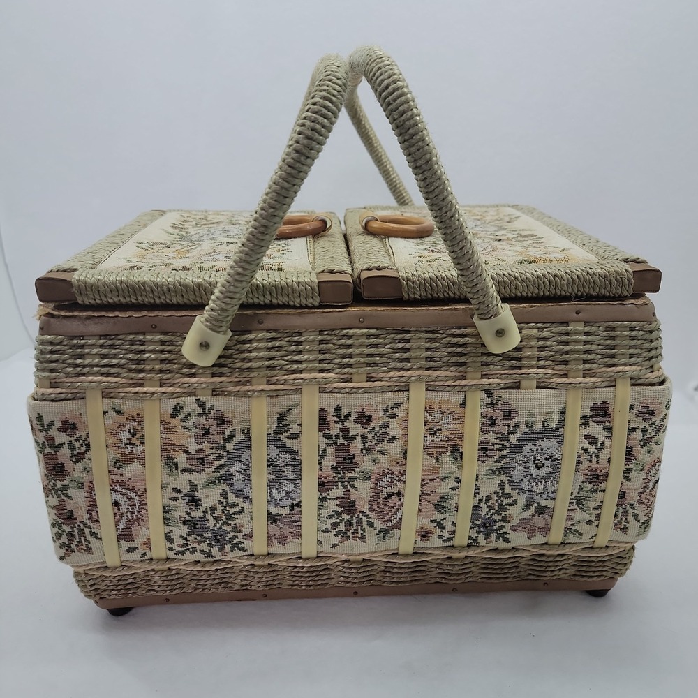 Vintage Wicker Floral Tapestry Sewing Basket Box Double Lid Wood Handle W/ Tray